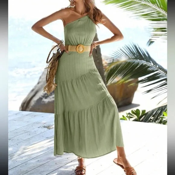 Boho one shoulder ruffle hem maxi dress